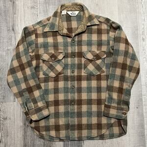 VTG Woolrich Brown/Beige Plaid Check Northwoods Wool Button Flannel Shirt Large